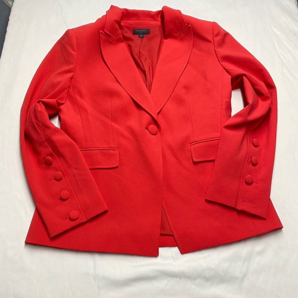 Tahari ASL Womens Red Single Button Notched Lapel Blazer Jacket Size 12 Stretch